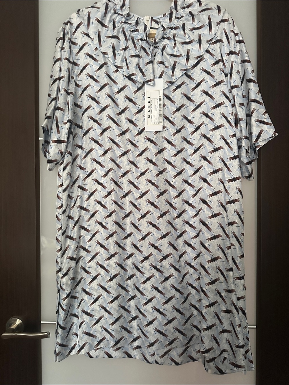 Marni Light Blue Printed Midi Dress with Navy and Brown Motif